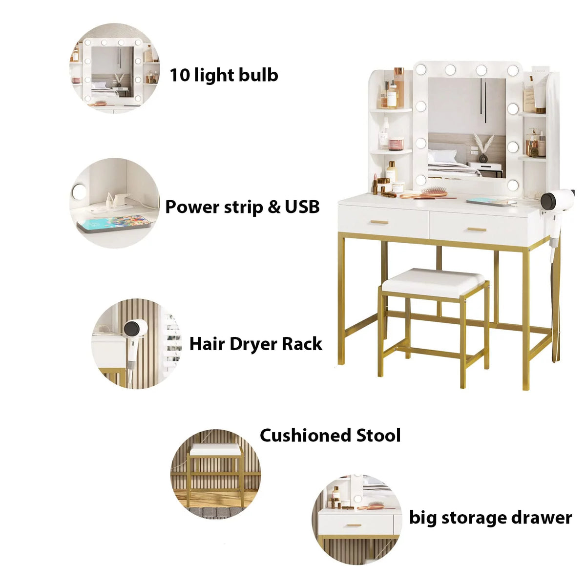White Makeup Vanity with Lighted Mirror & Power Strip B243