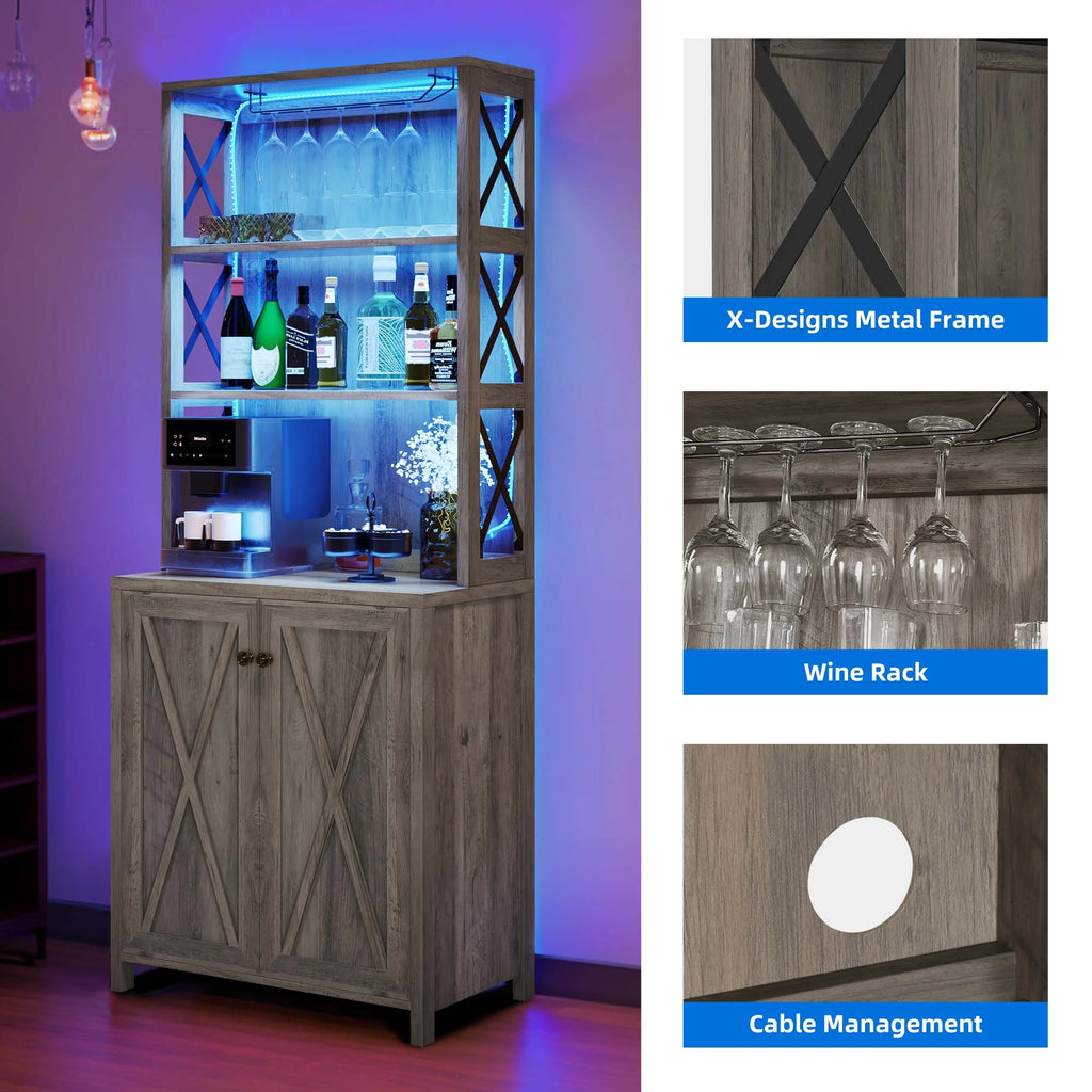 67" Washed Gray Bar Cabinet with Doors and Shelves D471019