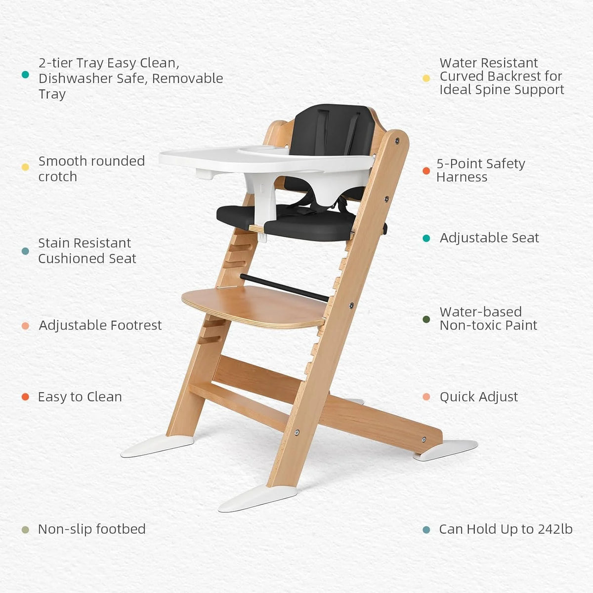 Wooden High Chair with Plastic Tray, 8 Height Adjustments D8498