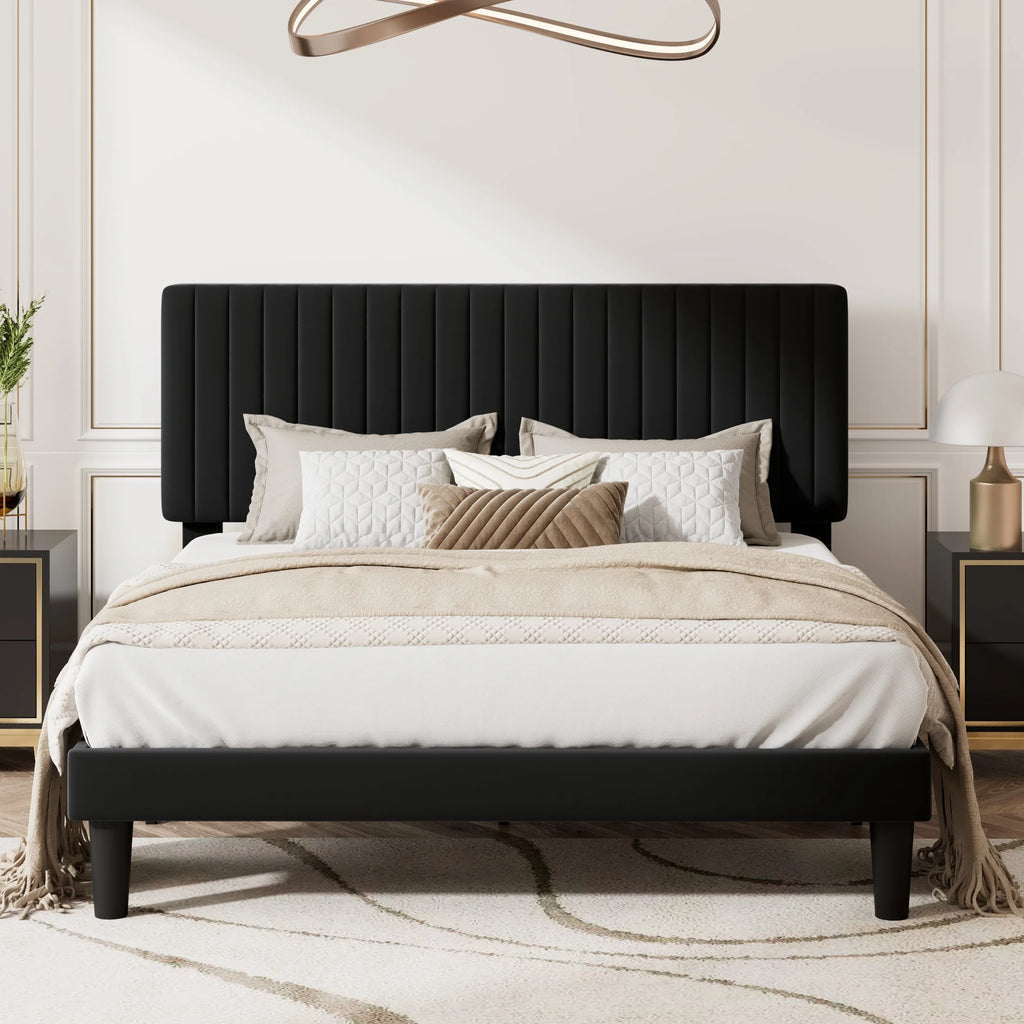 Queen Size Black Velvet Upholstered Platform Bed Frame T8333
