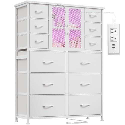 Black 12 Fabric Drawer Tall Dresser with Charging Station W28136