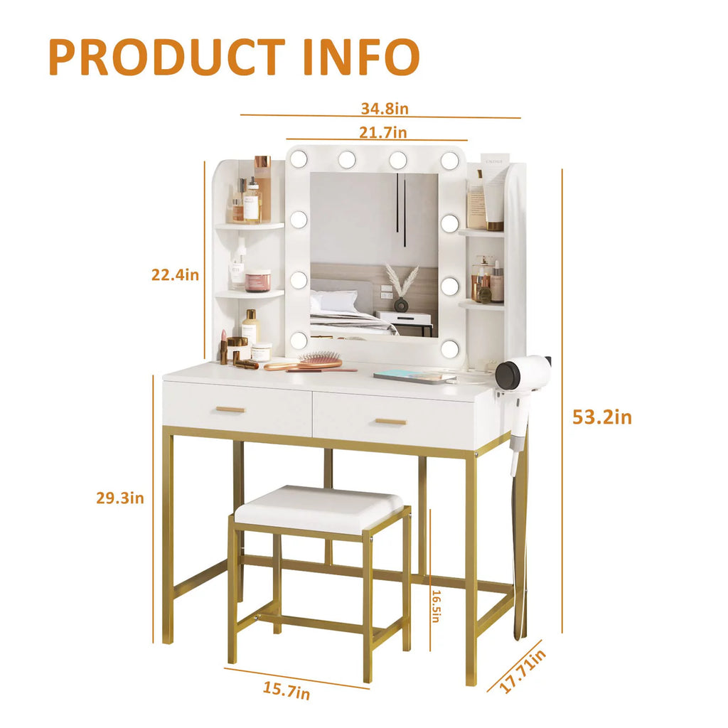 White Makeup Vanity with Lighted Mirror & Power Strip B243