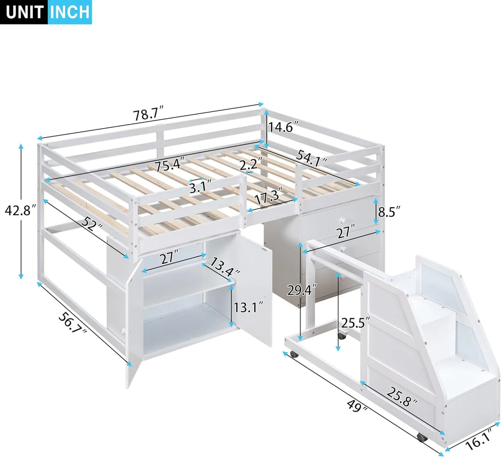 Full Size Solid Wood Bed with Drawers and Staircase X338