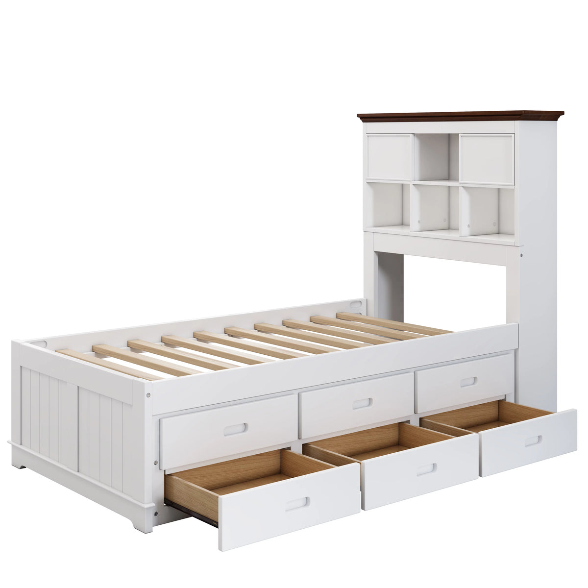 Solid Pine Captain Bed with Trundle and Bookcase Wood Platform Bed Frame with 3 Under Bed Drawers, Twin, White+Walnut B1433