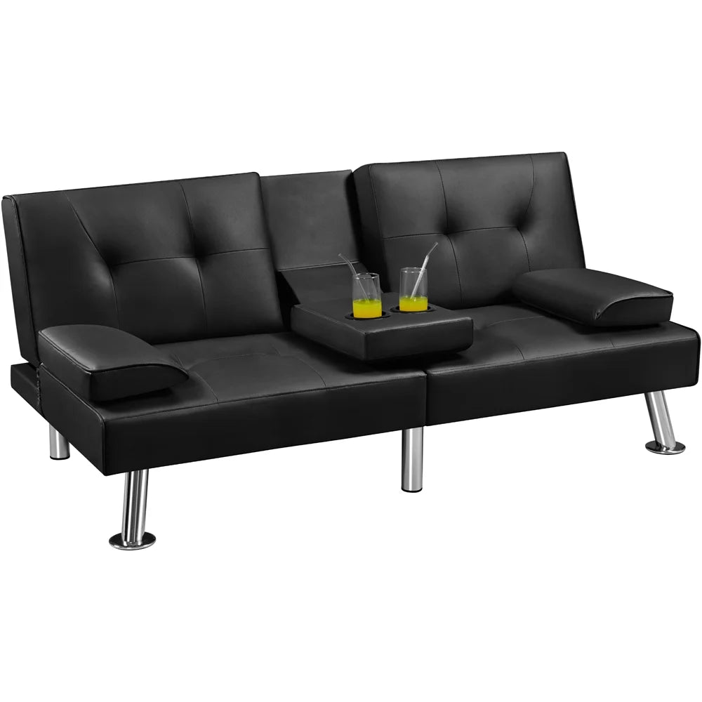Black Faux Leather Convertible Futon Sofa Bed with Cup Holders O350
