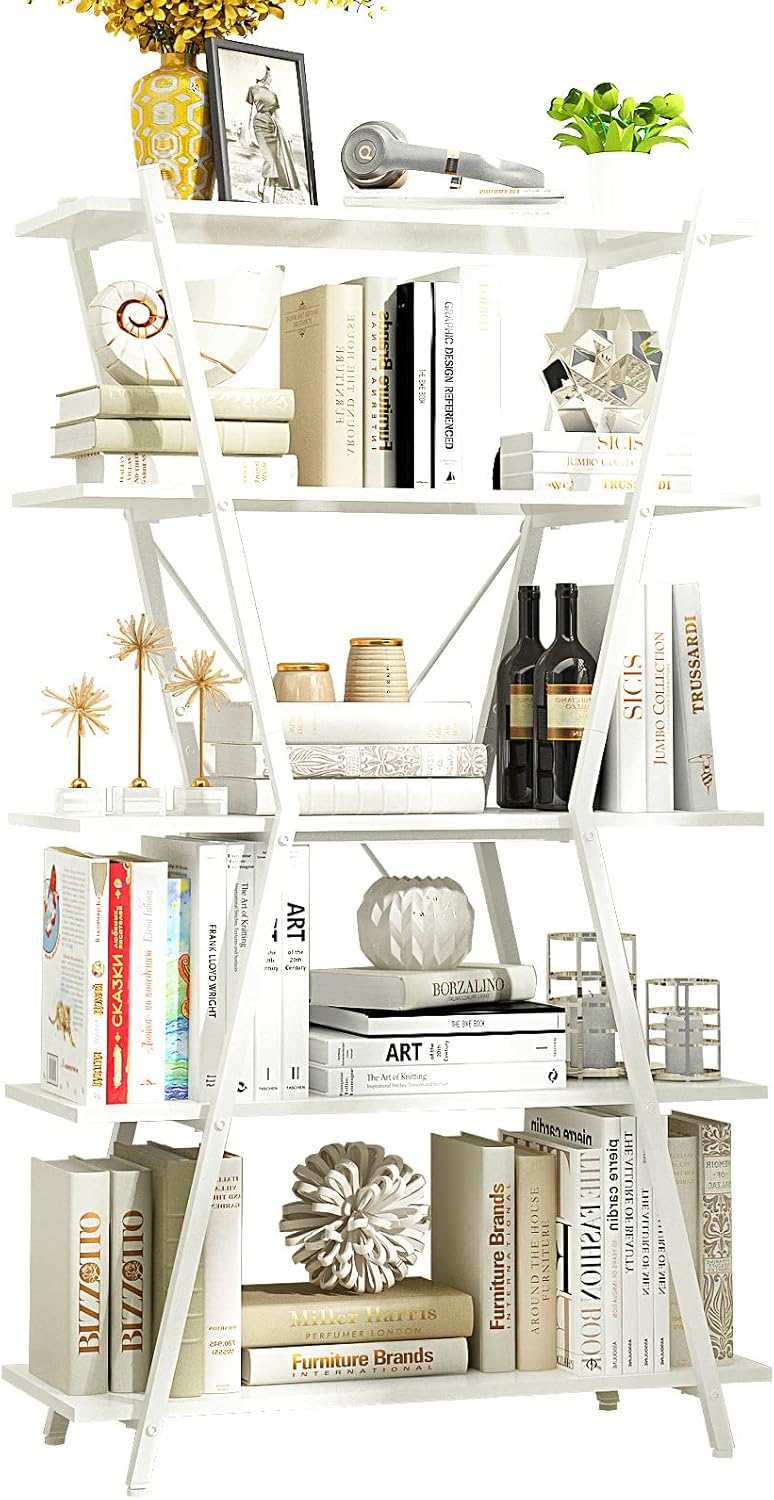 White 5 Tier Wood Bookshelf with Metal Frame Q328