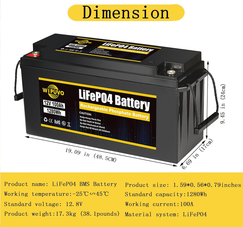 12V 100A LiFePO4 Deep Cycle Rechargeable Battery Pack with Built in BMS D814