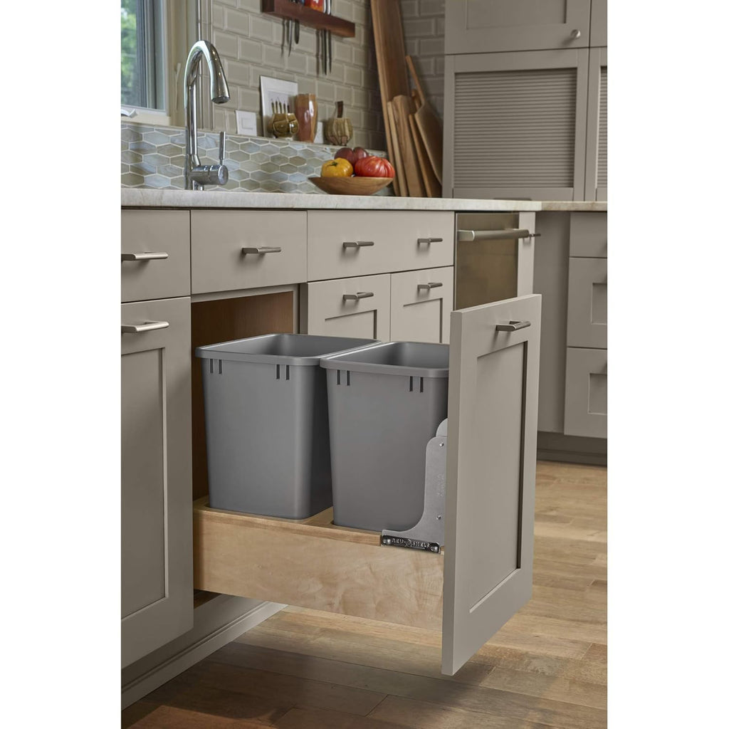 Double 35-Quart Maple Bottom Mount Pullout Waste Container Trash Cans F9796