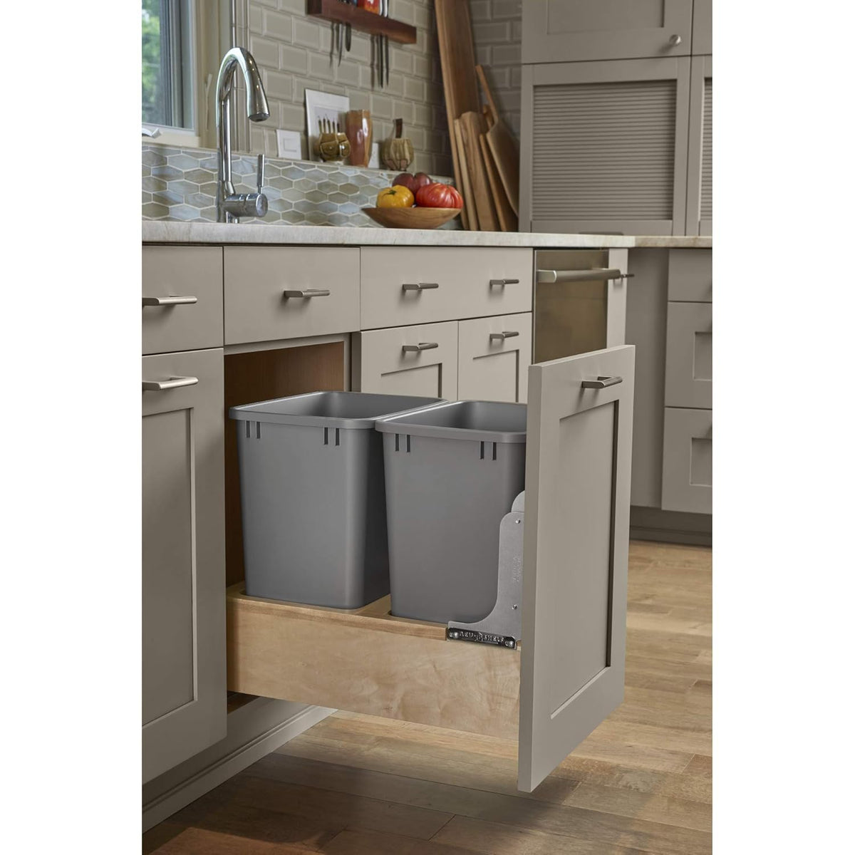 Double 35-Quart Maple Bottom Mount Pullout Waste Container Trash Cans F9796
