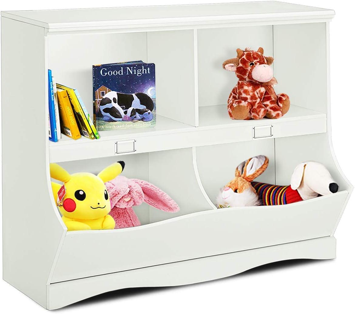 White Wooden 4 Cubby Kids Bookcase with 4 Bin Y897559