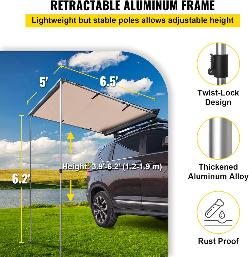Khaki Pull-Out Retractable Car Side Awning with Carry Bag X2780