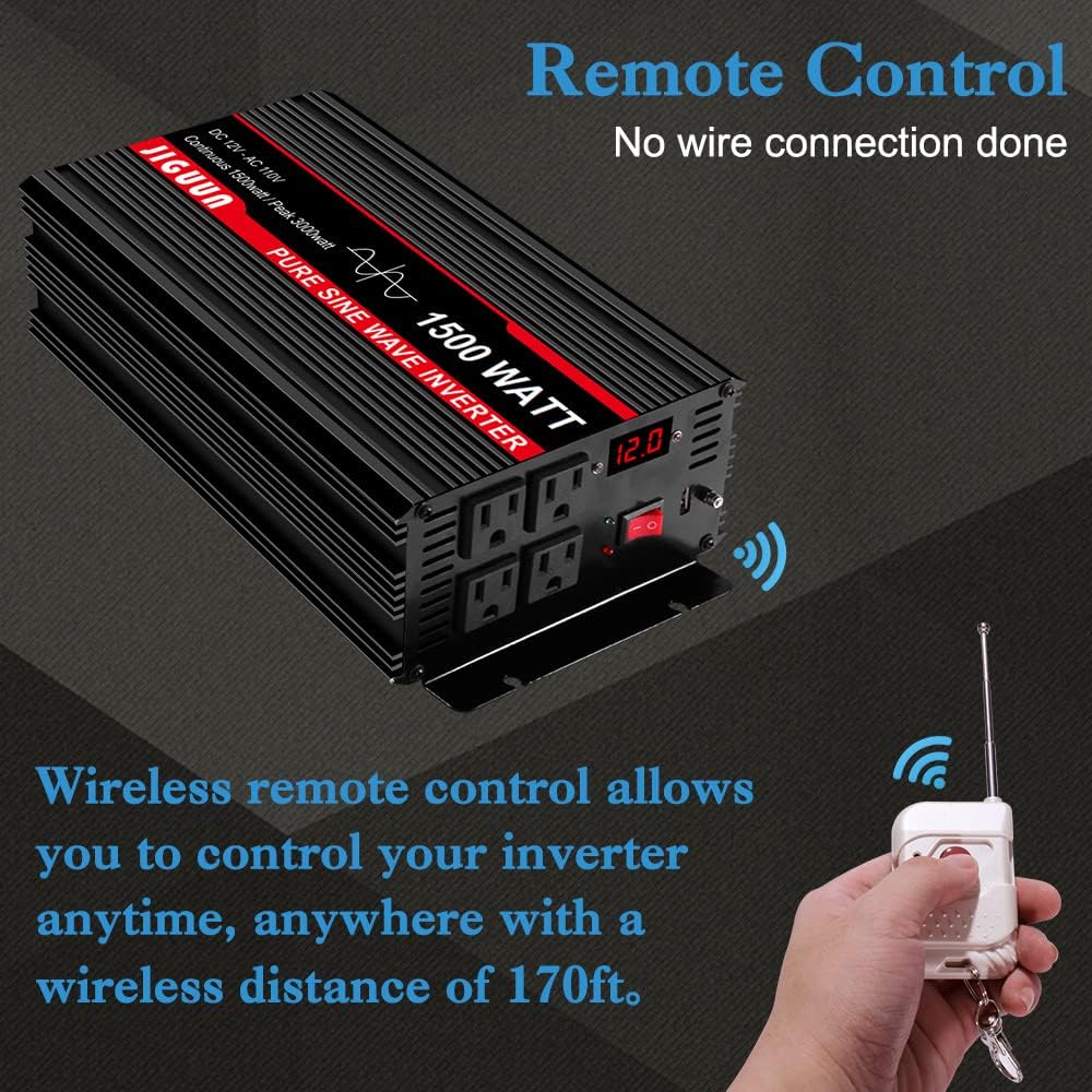 1500 Watt Pure Sine Wave Inverter 12V to 120V with AC Outlets USB H252
