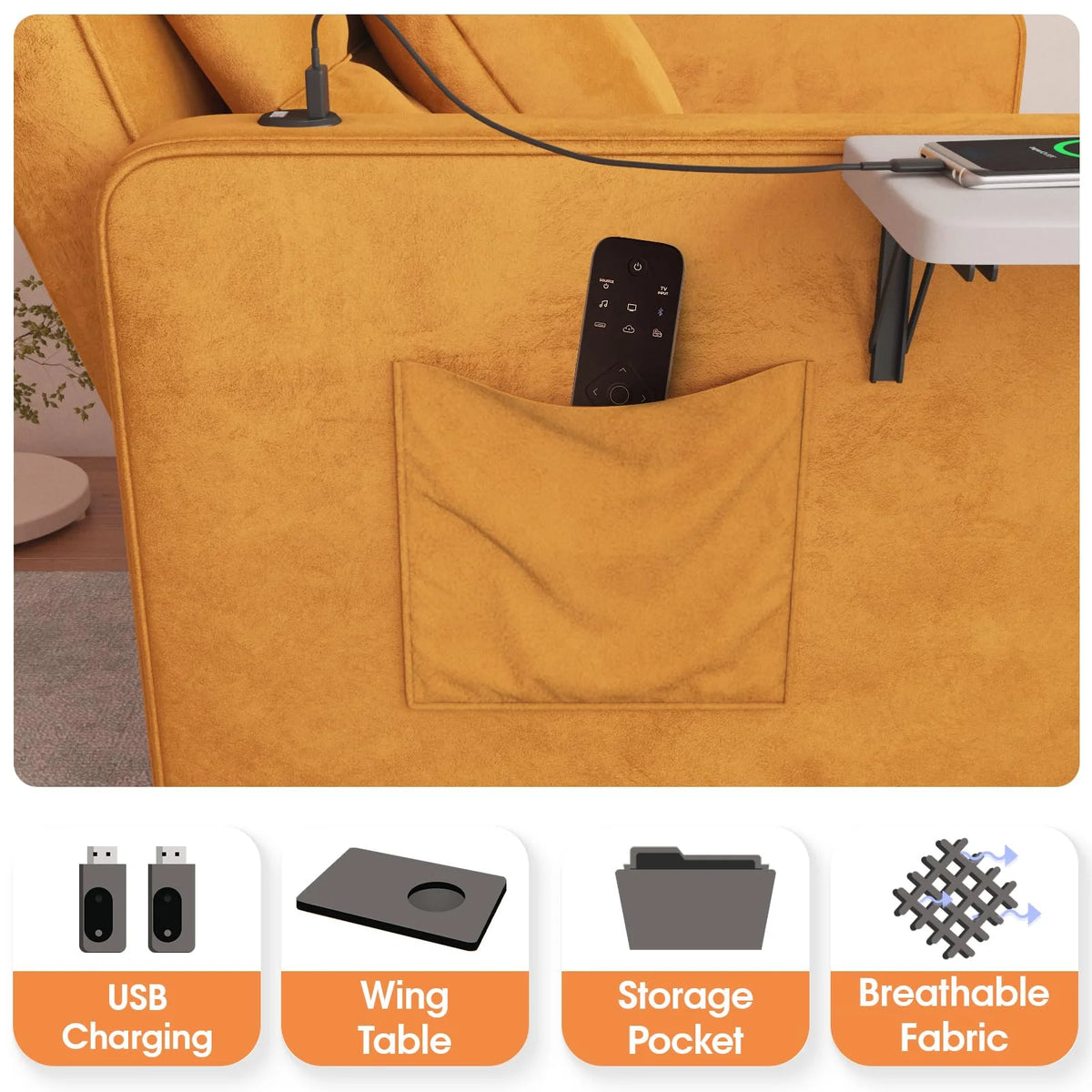 Velvet 3-in-1 Sofa Bed Chair with Wing Table and USB Ports Q540