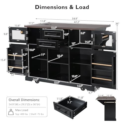 Black Drop Leaf Kitchen Island with Power Outlet Rolling Storage Cart X358784