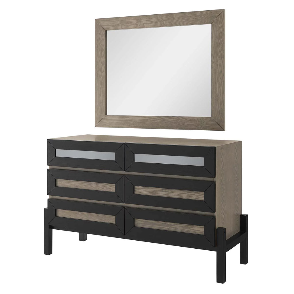 Brown Oak Wood Dresser Drawer Chest Mirror Set Y207