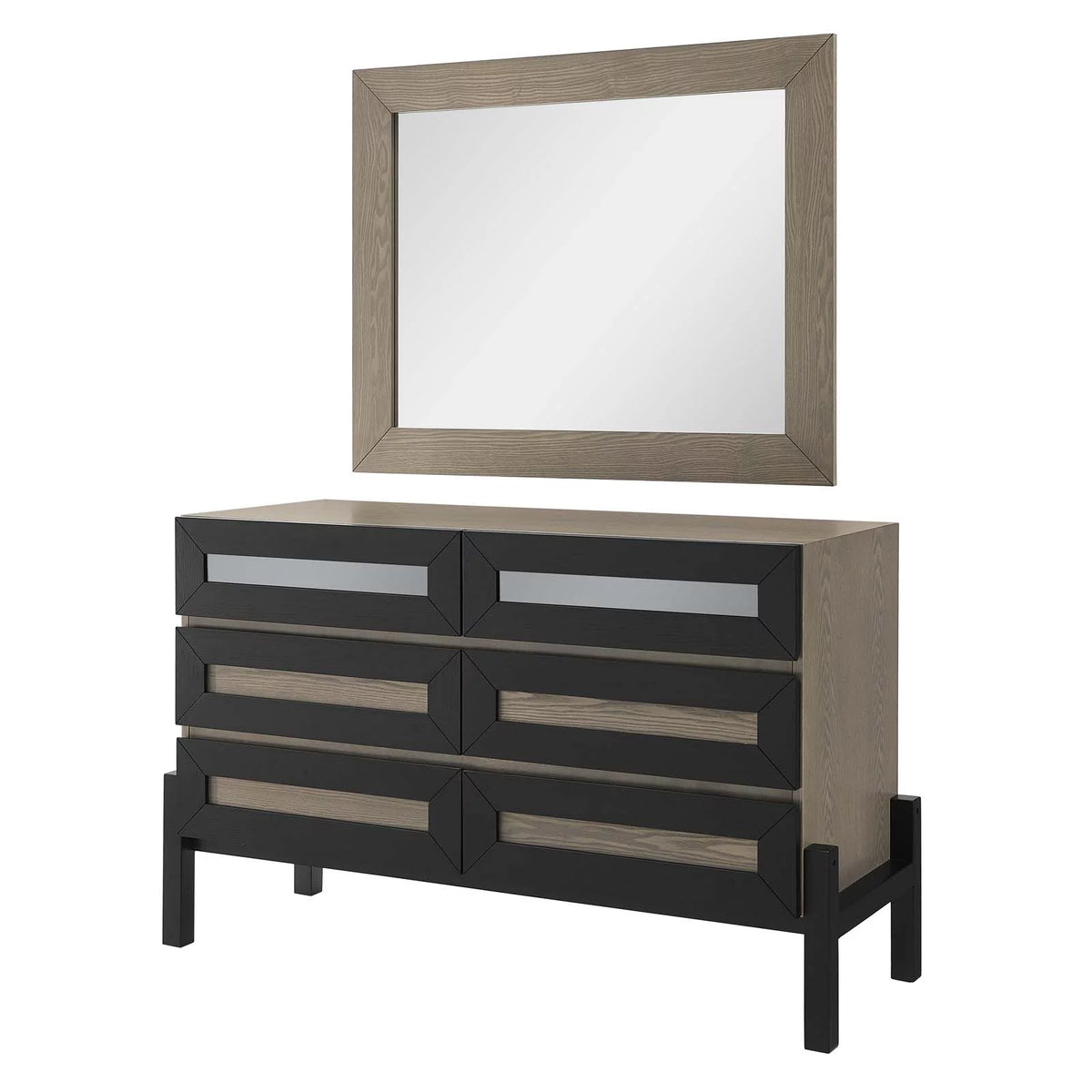 Brown Oak Wood Dresser Drawer Chest Mirror Set Y207