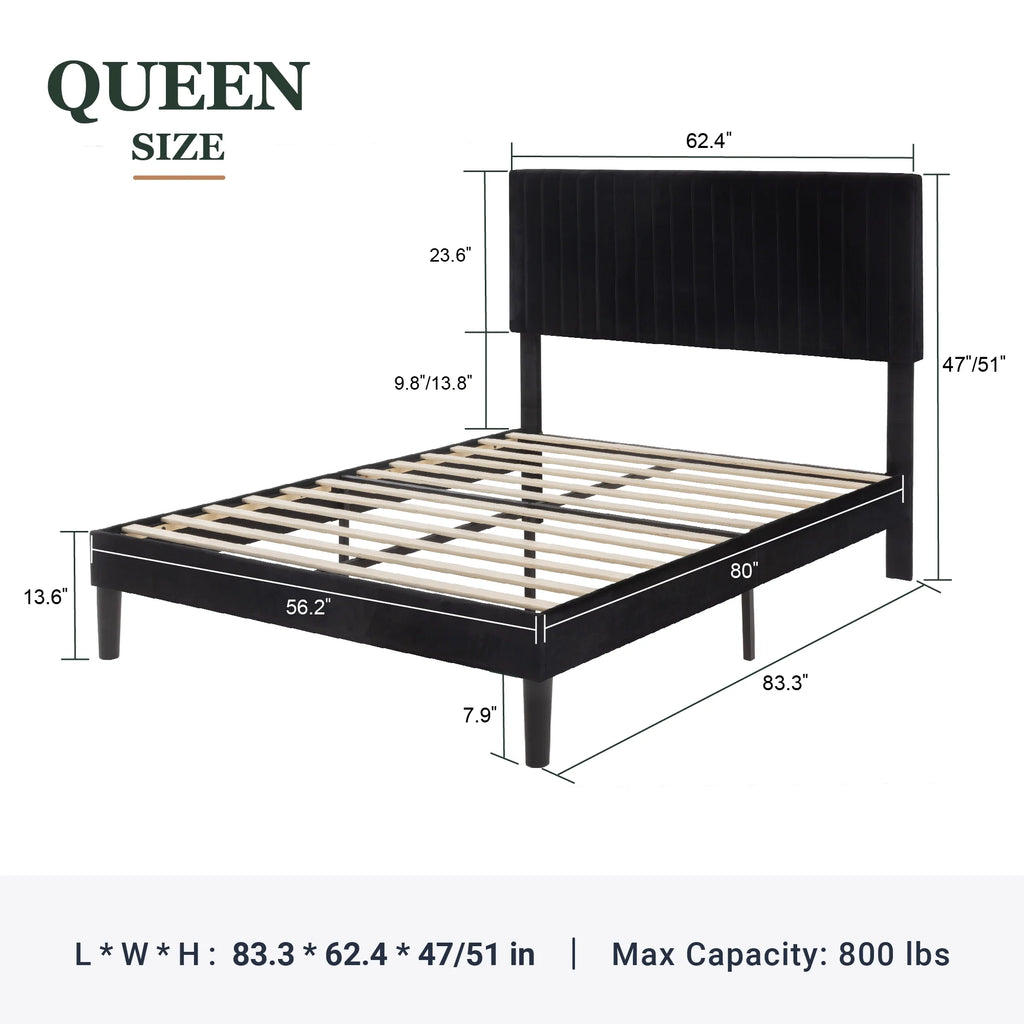 Queen Size Black Velvet Upholstered Platform Bed Frame T8333