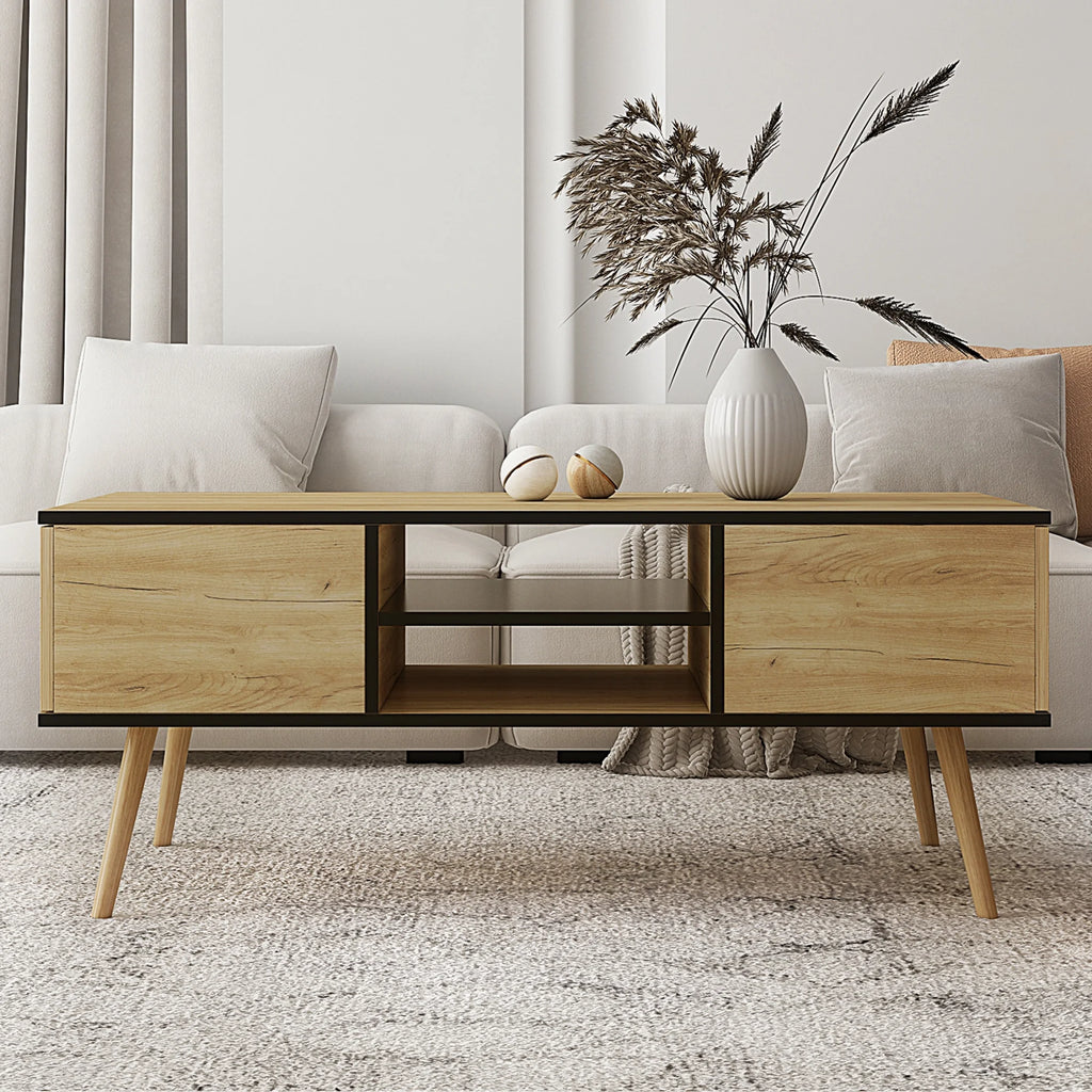 Brown Wooden Coffee Table with Storage Shelf and 2 Drawers A9101