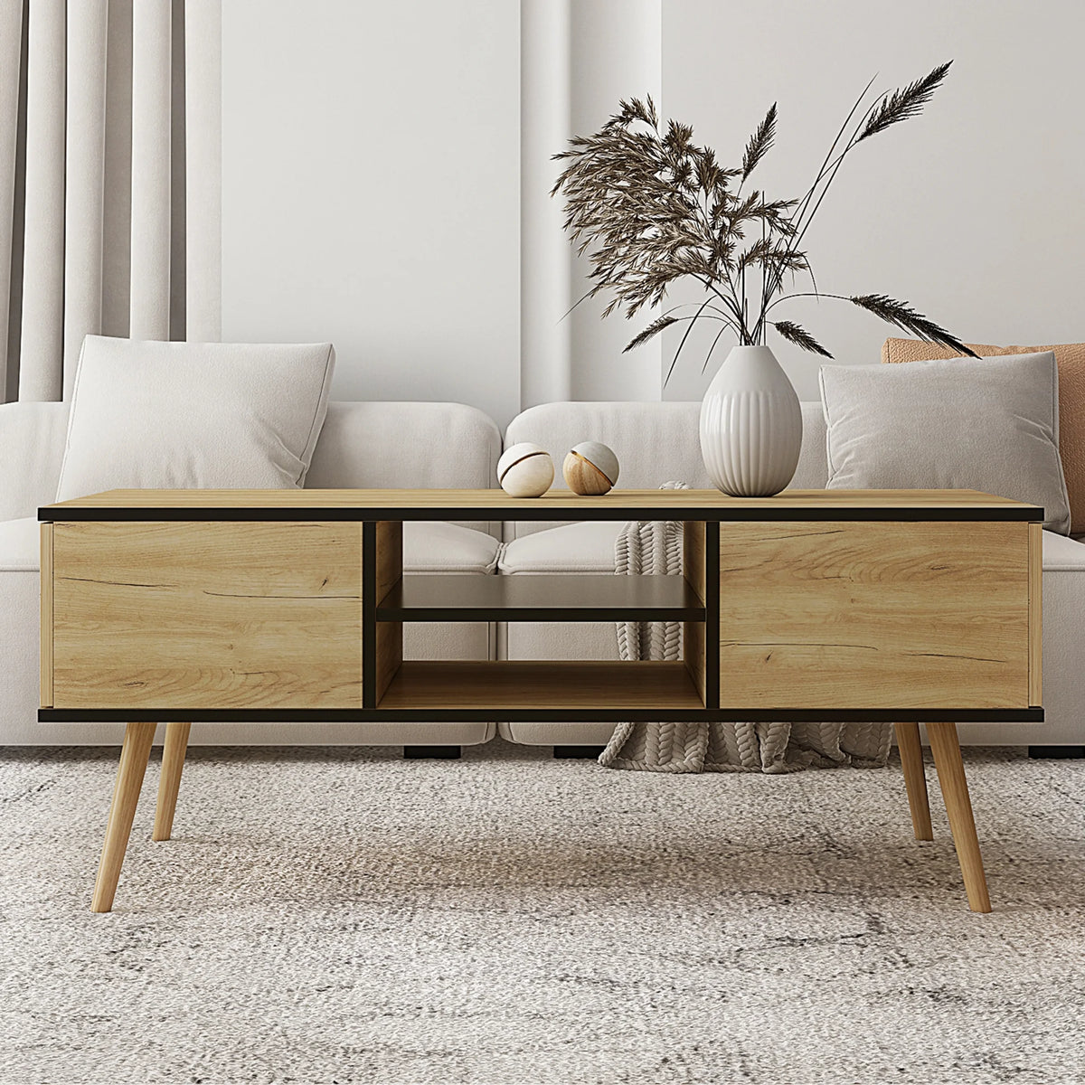 Brown Wooden Coffee Table with Storage Shelf and 2 Drawers A9101