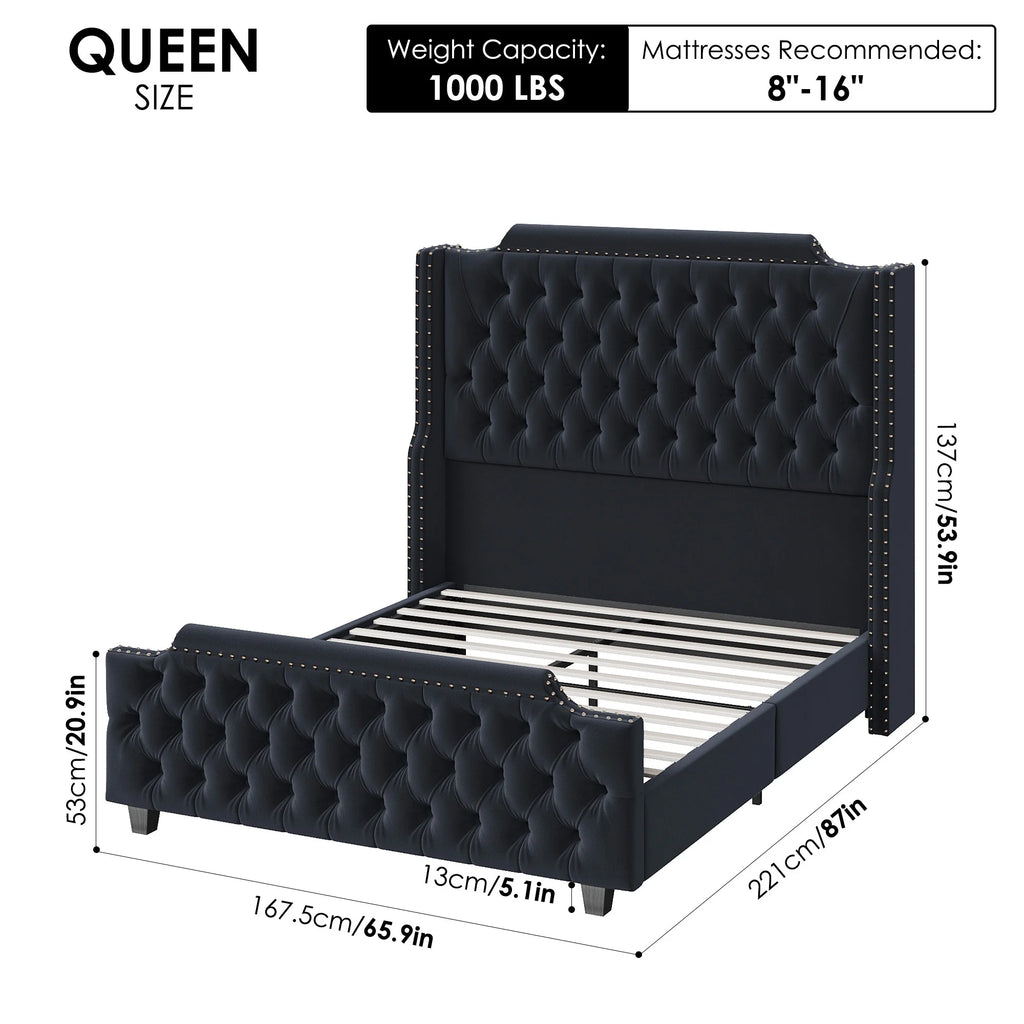 Queen Size Off-white Velvet Upholstered Bed Frame with Headboard and Footboard Y591