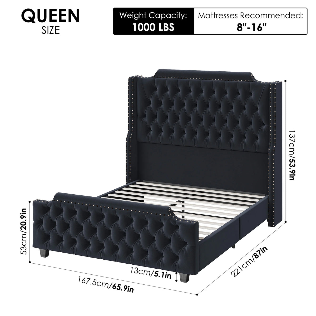 Queen Size Off-white Velvet Upholstered Bed Frame with Headboard and Footboard Y591