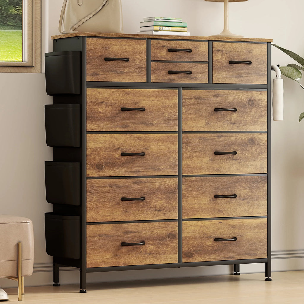 Rustic Brown 12 Drawer Fabric Dresser T17258