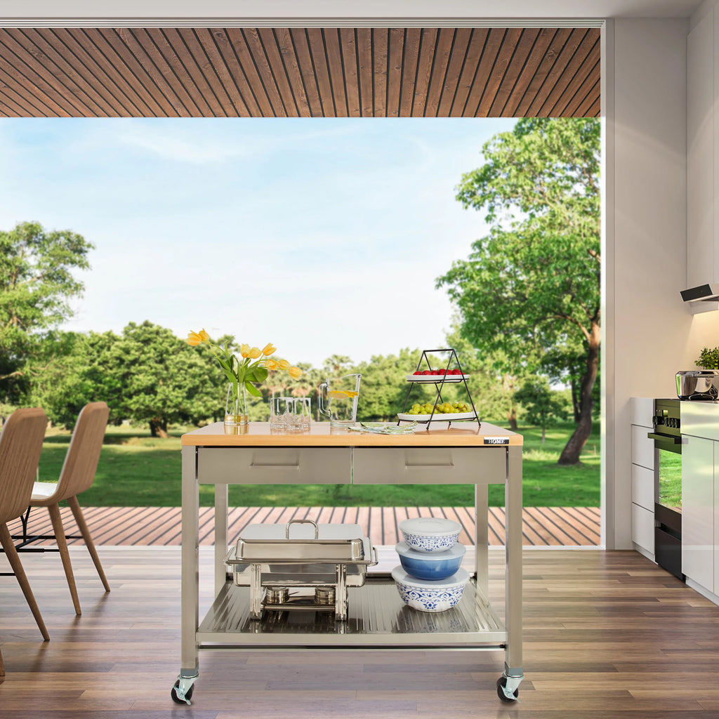 Stainless Steel Kitchen Island with Solid Wood Top Y770