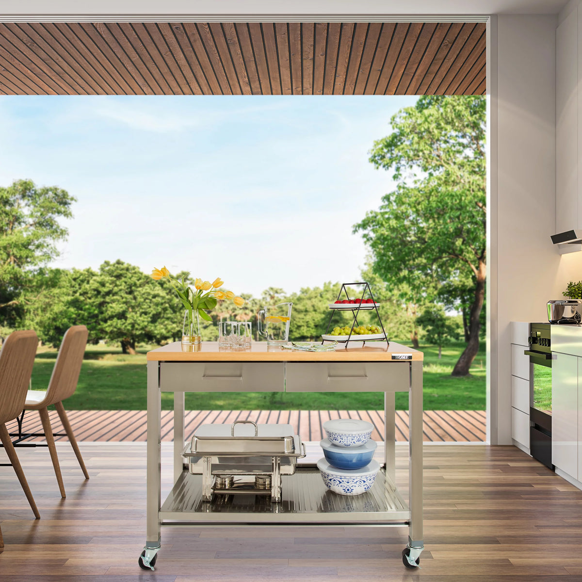 Stainless Steel Kitchen Island with Solid Wood Top Y770