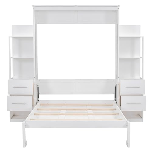 White Full Size Wood Murphy Bed with Shelves and LED Lights K837884