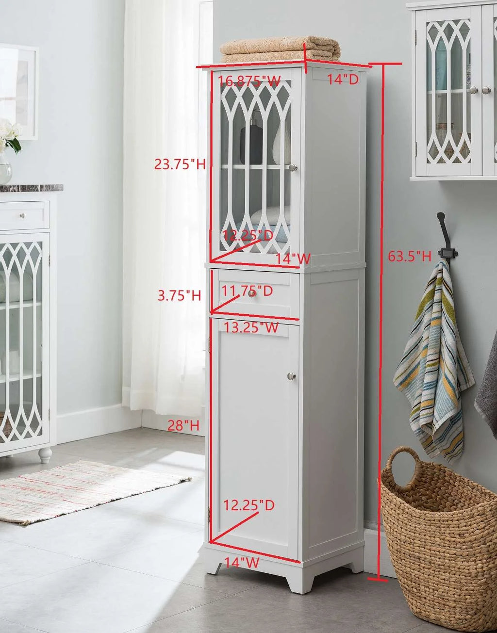 White Tall Wood Bathroom Storage Cabinet Linen Tower C43581