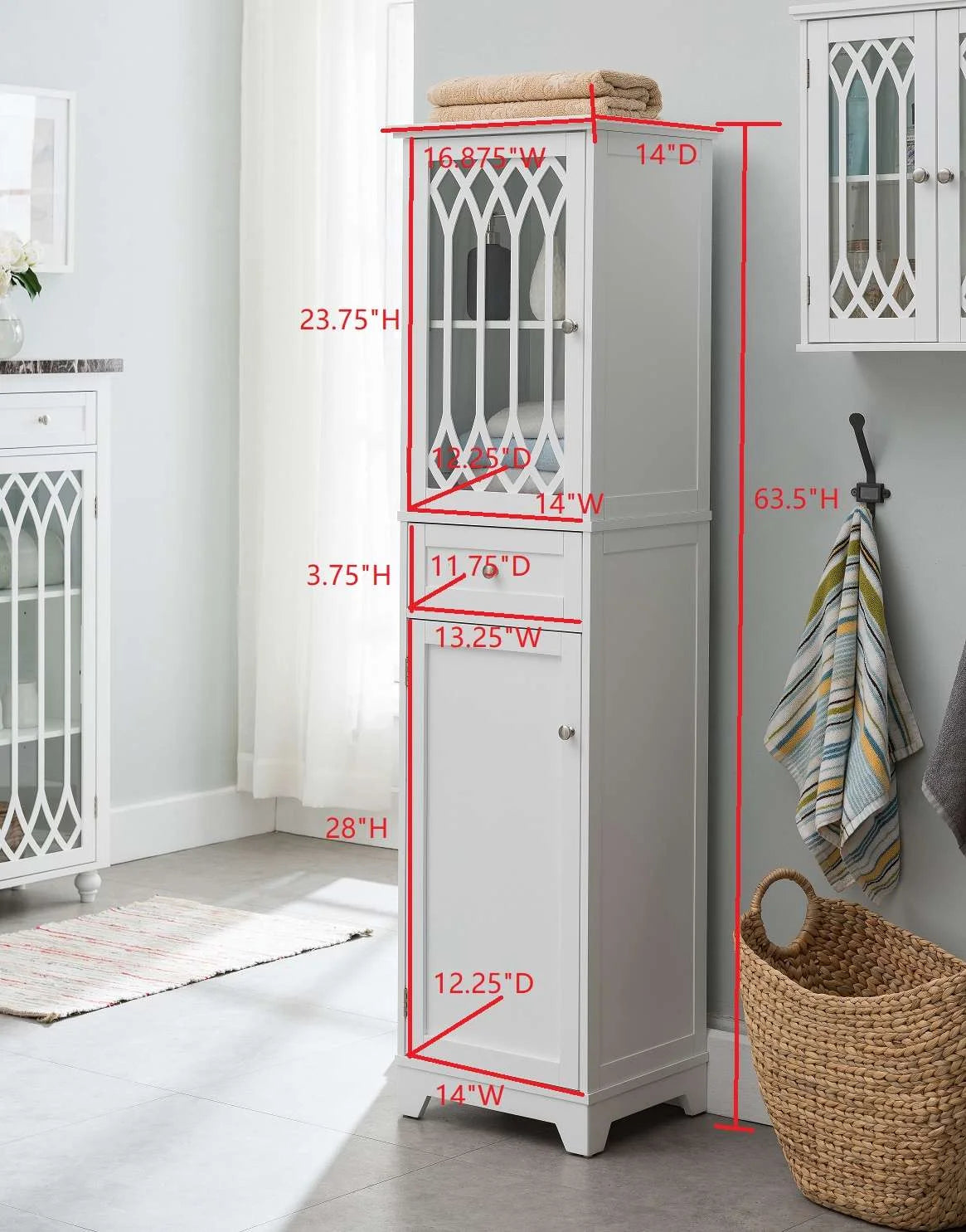 White Tall Wood Bathroom Storage Cabinet Linen Tower C43581
