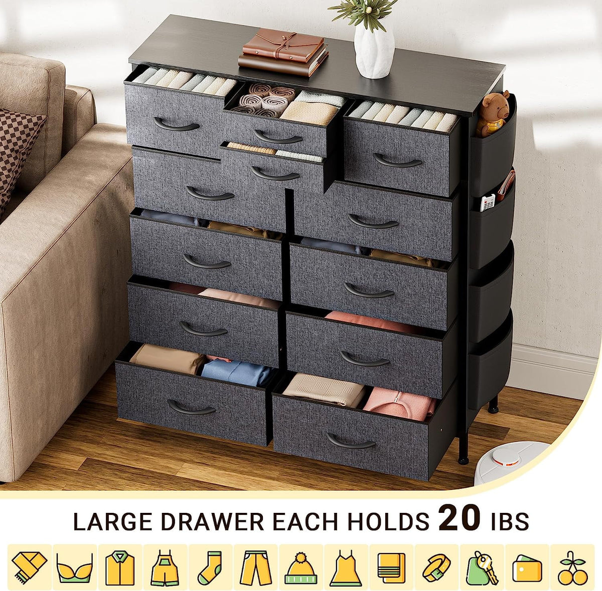 Rustic Brown 12 Drawer Fabric Dresser T17258