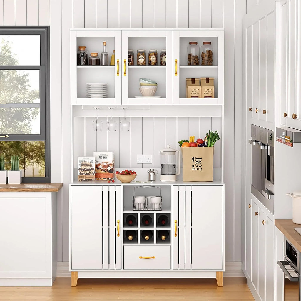 Tall White Kitchen Pantry Cabinet with Microwave Stand and 1 Drawer H6518