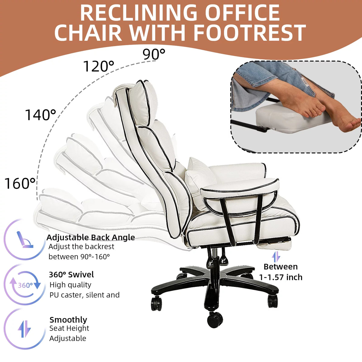 Big and Tall Ergonomic PU Leather Reclining Office Chair with Footrest W3592