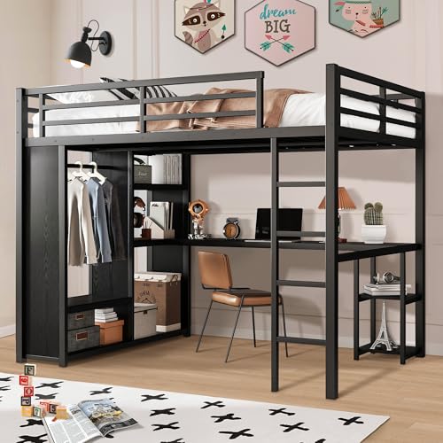 Queen Heavy Duty Metal Loft Bed with L-Shaped Desk, Wardrobe & 5 Storage Shelves Y577