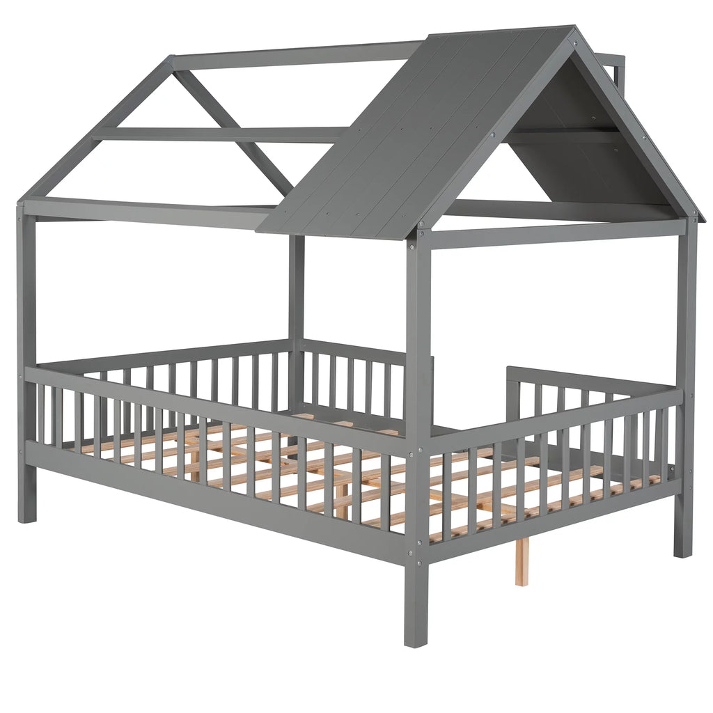 Full Size Wood Bed Frame with Roof and Fence Y214192