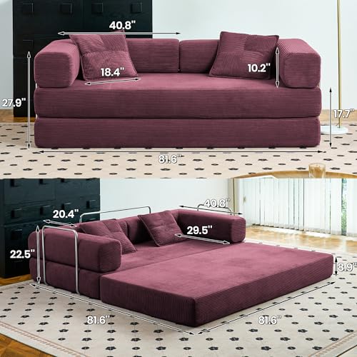 Green Corduroy Convertible Floor Sofa Bed with Pillow Z738206