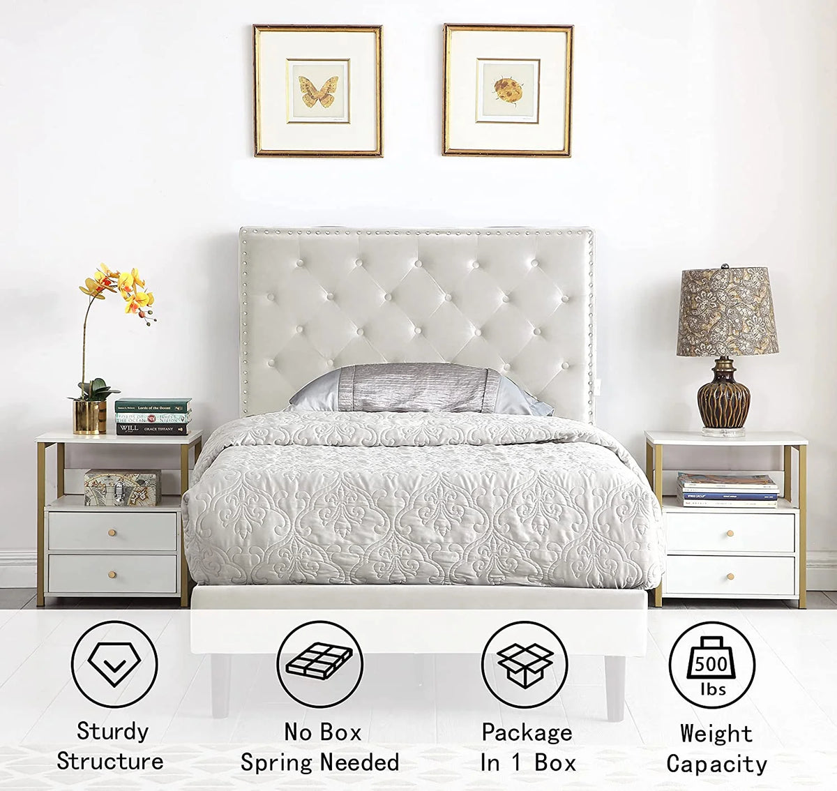 Gray Twin Upholstered Platform Bed Frame with Adjustable Headboard Q6972