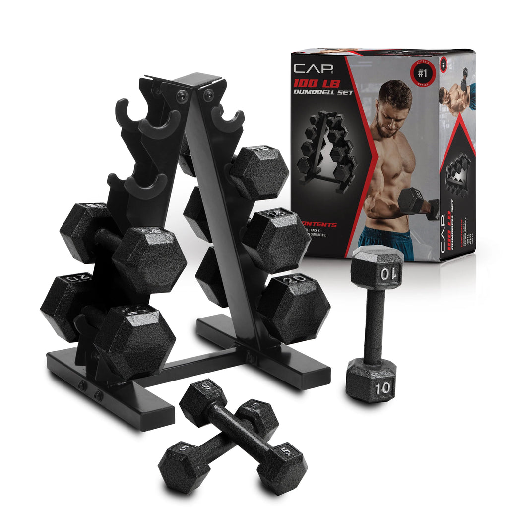 100 lb Cast Iron Hex Dumbbell Weight Set with Rack N3427