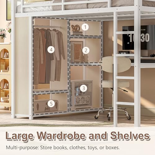 Queen Heavy Duty Metal Loft Bed with L-Shaped Desk, Wardrobe & 5 Storage Shelves Y577