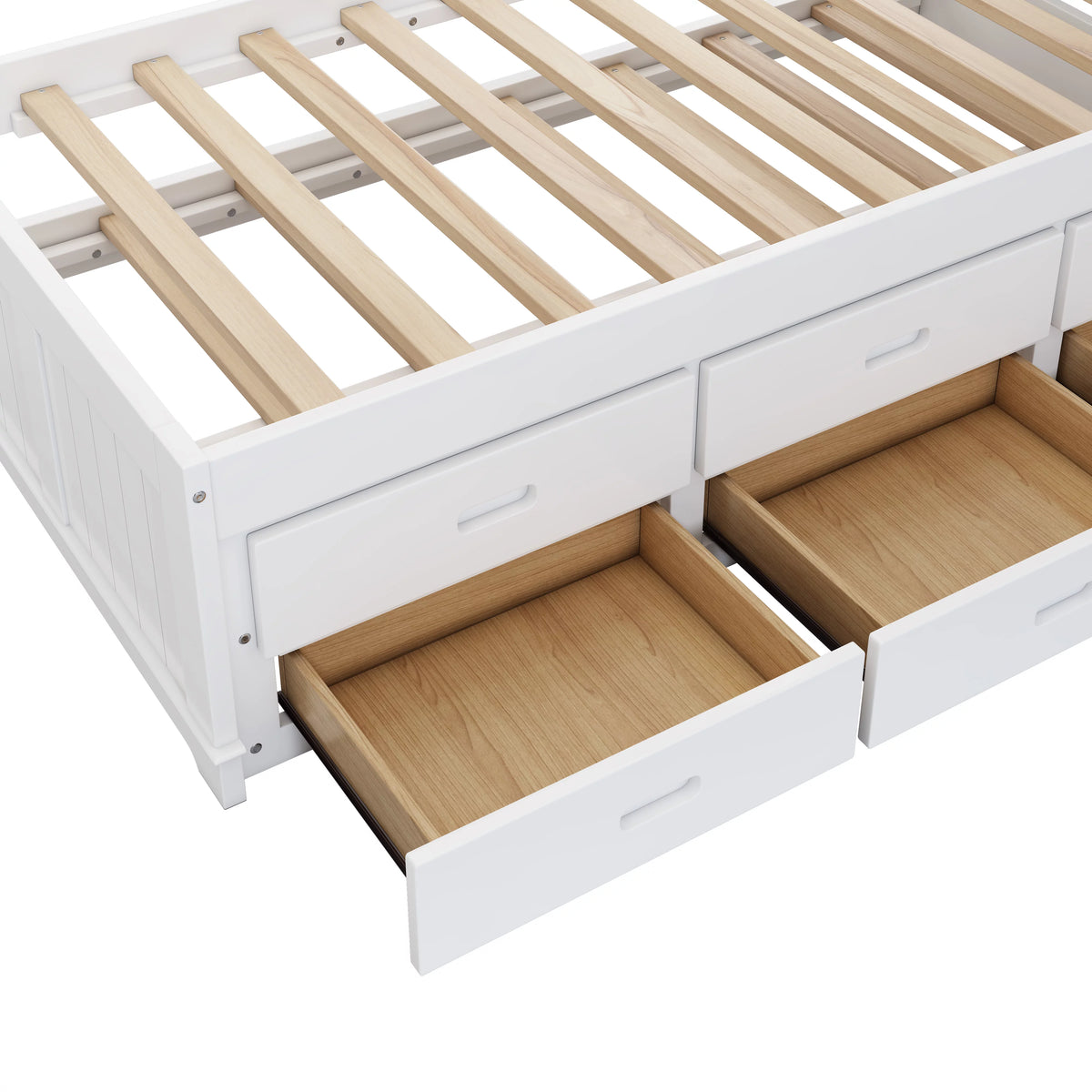 Solid Pine Captain Bed with Trundle and Bookcase Wood Platform Bed Frame with 3 Under Bed Drawers, Twin, White+Walnut B1433