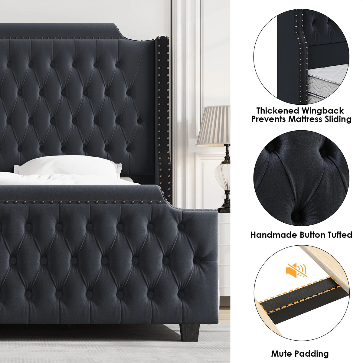 Queen Size Off-white Velvet Upholstered Bed Frame with Headboard and Footboard Y591