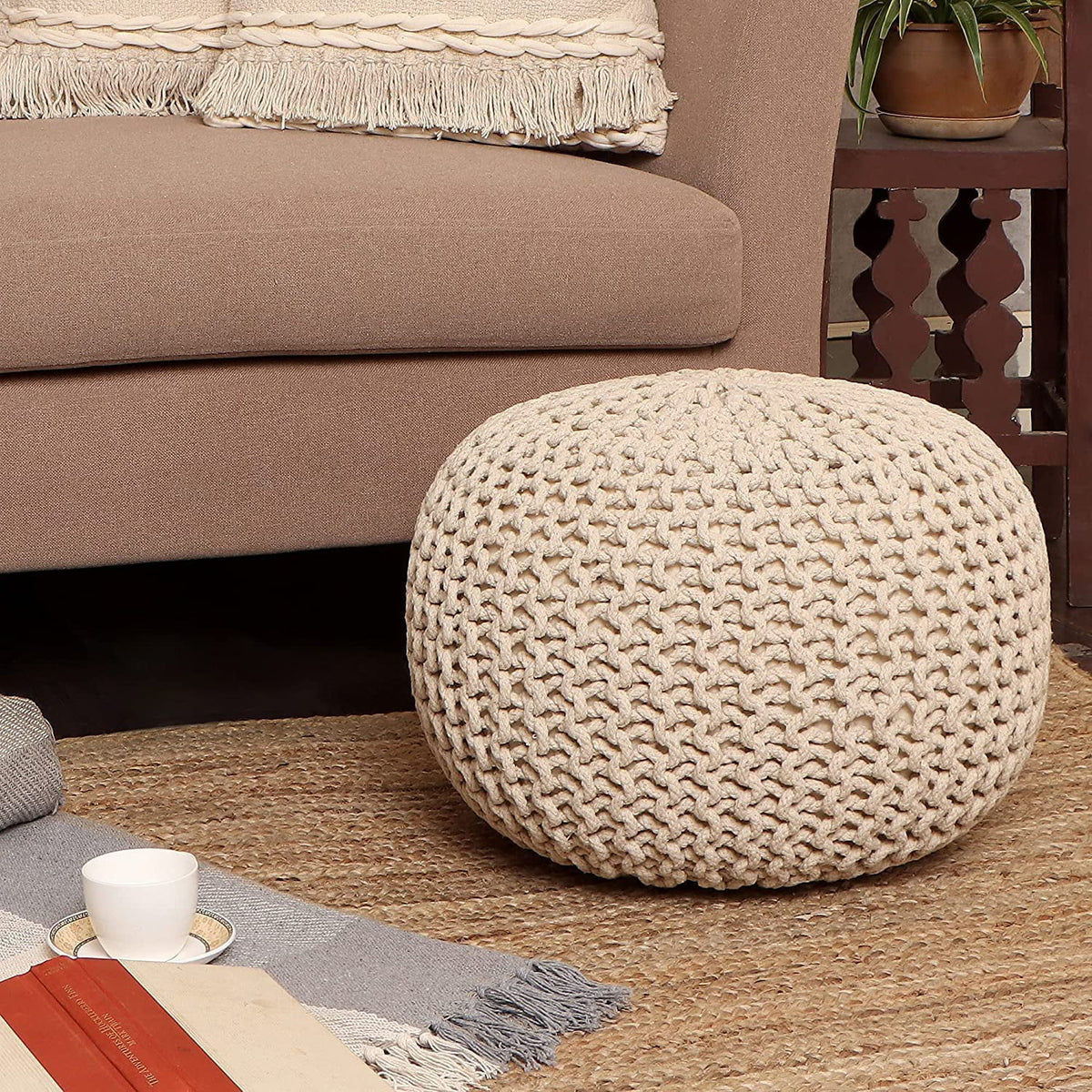 Cable Knitted 100% Cotton Round Pouf Ottoman S660