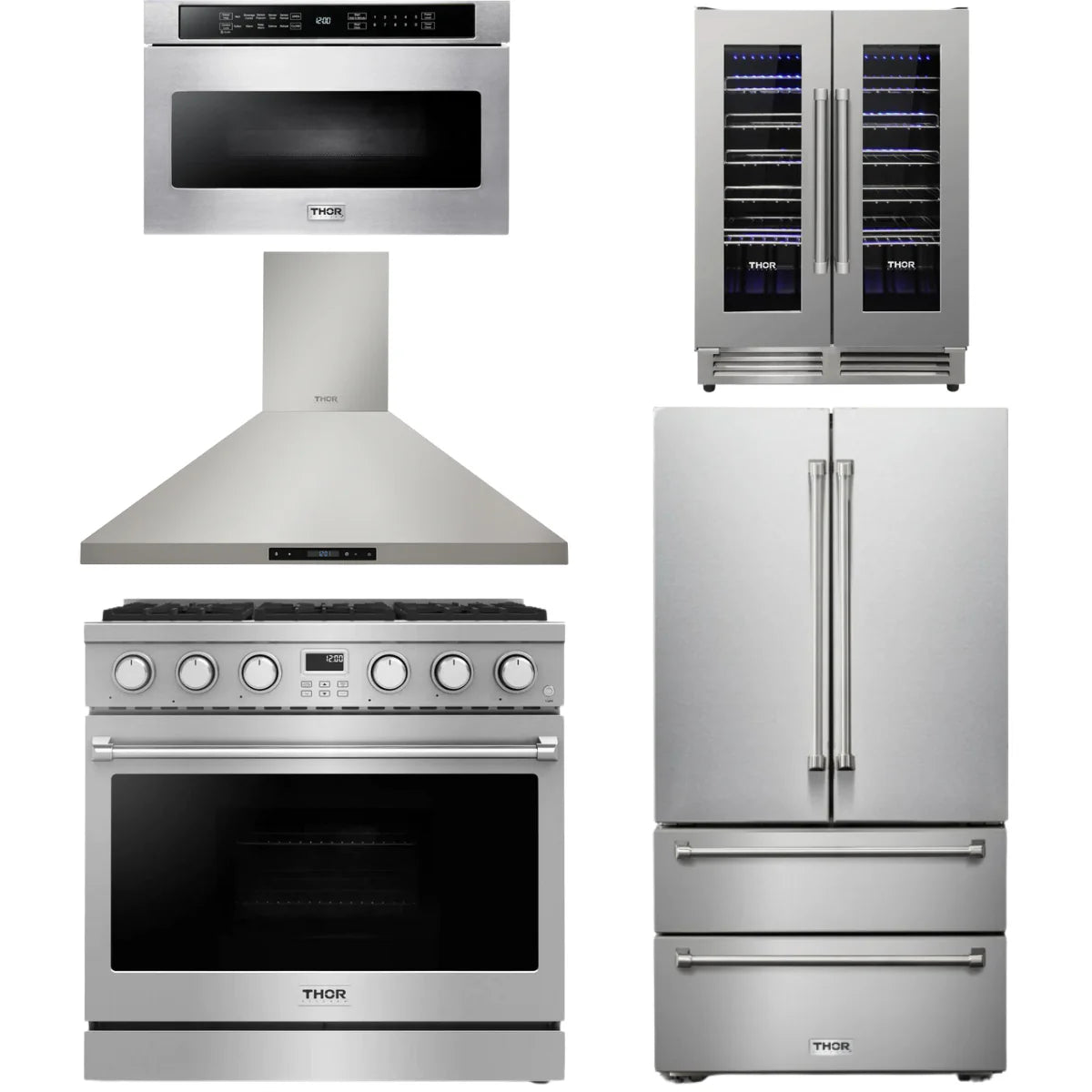 36 Gas Range, Range Hood, Refrigerator, Microwave and Wine Cooler E145696