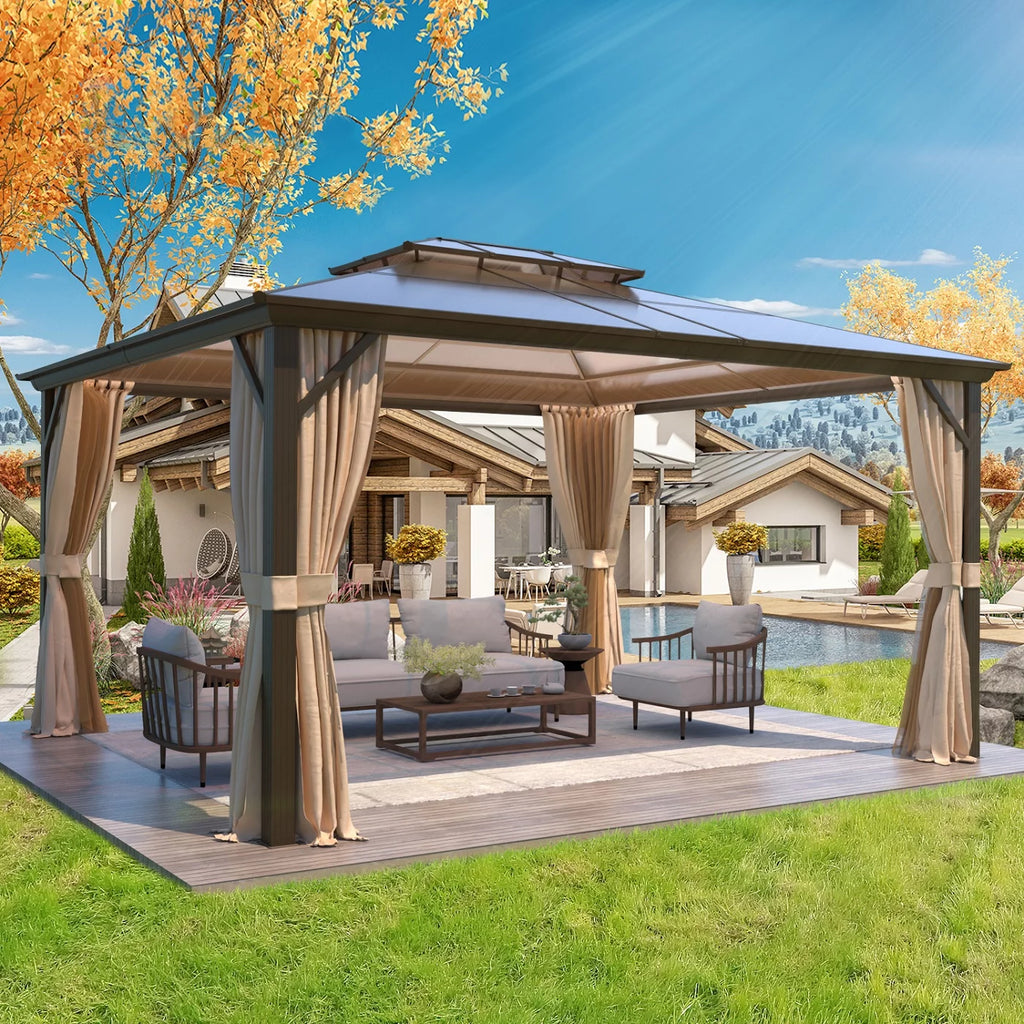 12'x16' Brown Polycarbonate Double Roof Hardtop Gazebo Canopy U13288