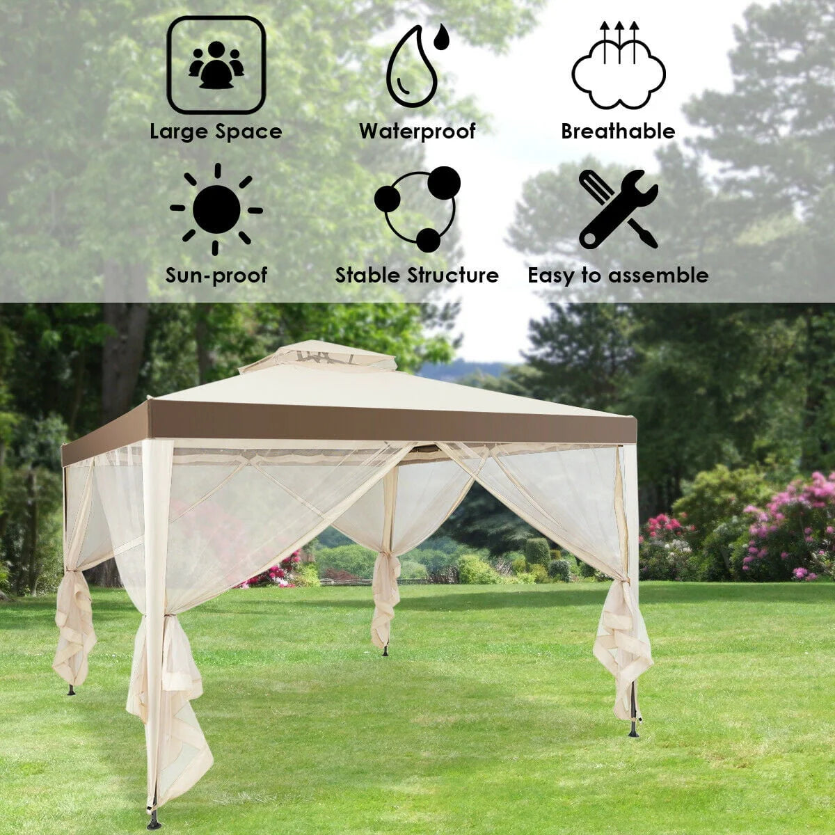 10'x 10' Beige Canopy Gazebo with Mosquito Netting V2613