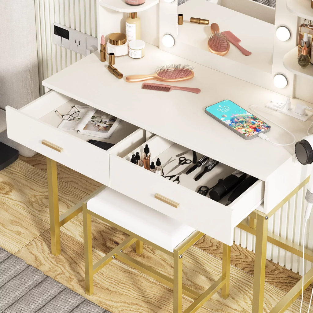 White Makeup Vanity with Lighted Mirror & Power Strip B243