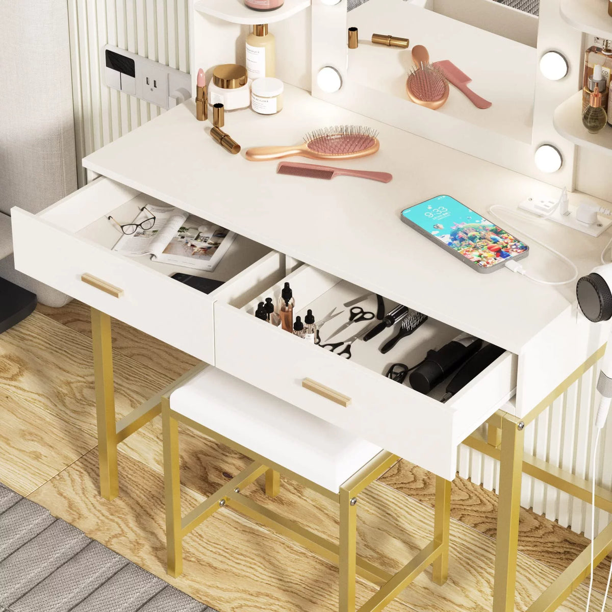 White Makeup Vanity with Lighted Mirror & Power Strip B243