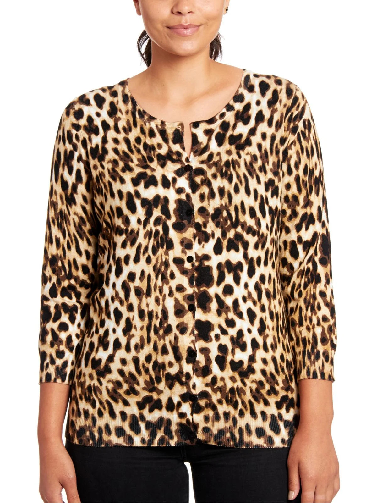 Animal Print Three-Quarter Sleeve Cardigan Sweater N796