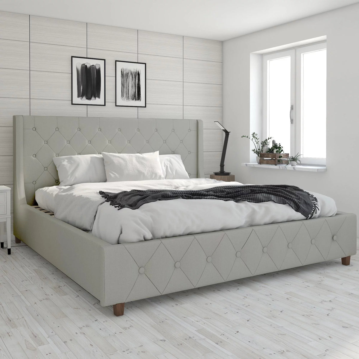 King Light Gray Linen Upholstered Bed T44210